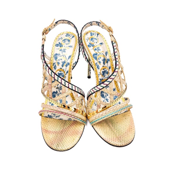 Gucci Python Ivory Strappy Gold Sequin High Heels Shoes EU 37.5 - Picture 3 of 7